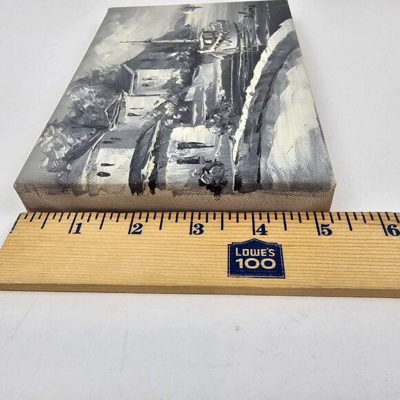 Vintage Painting Canvas Signed Small Water Scene Harbor Boat Landscape Grayscale - Picture 7 of 10